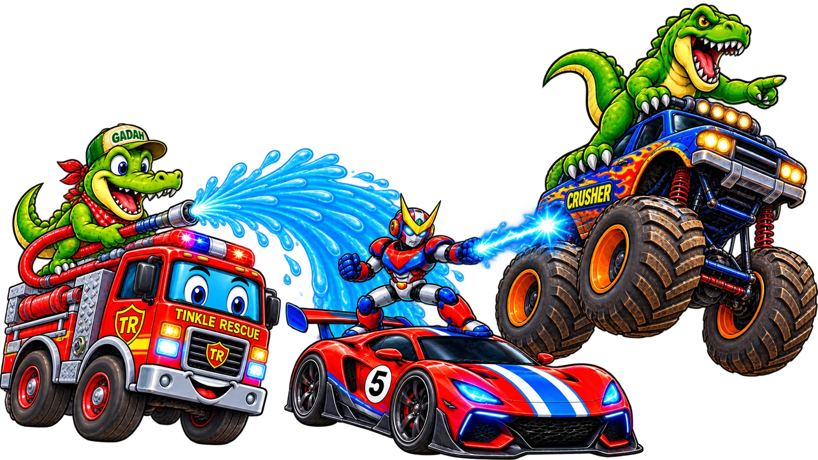 Gadah, Bot and Rex racing their Tinkle vehicles
